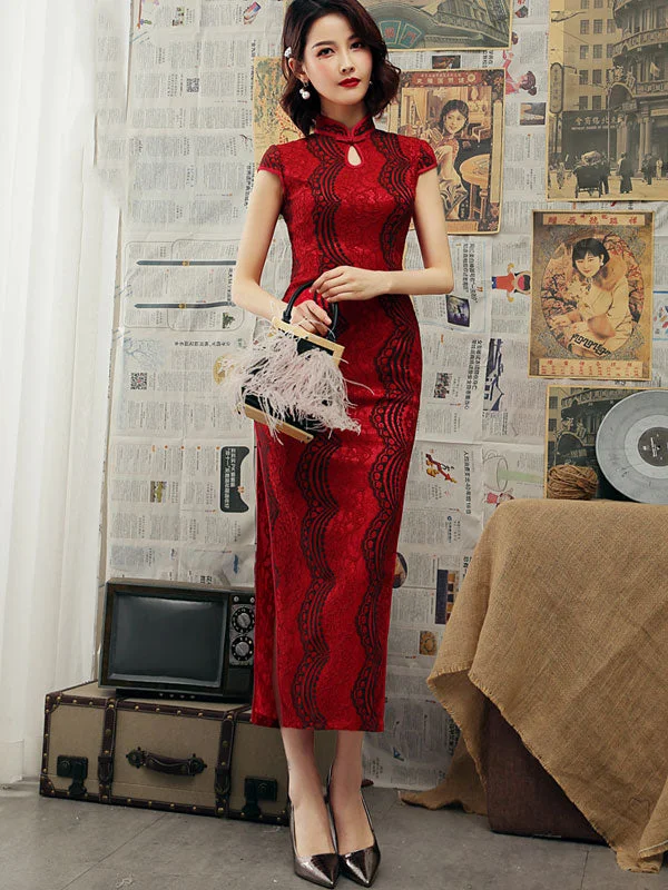 Red Lace Ankle-length Qipao / Cheongsam Party Dress Tunics Velvet soft