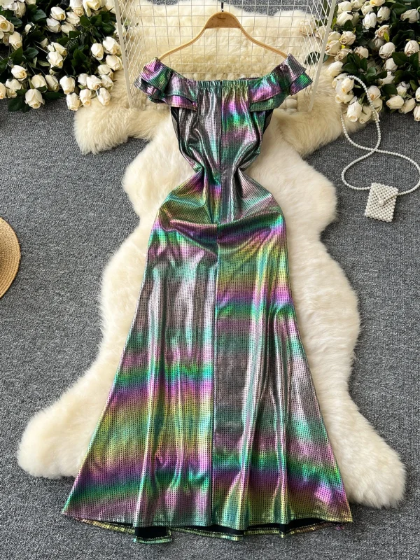 Ruffle Off-Shoulder Metallic Party Dress Tunics Versatile functional