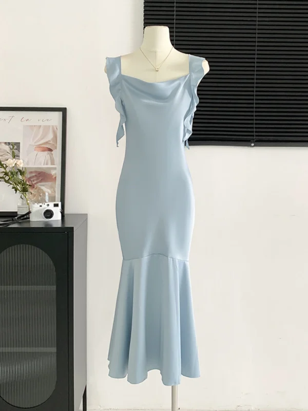 Ruffle Straps Sky-Blue Mermaid Maxi Party Dress Tunics Custom made