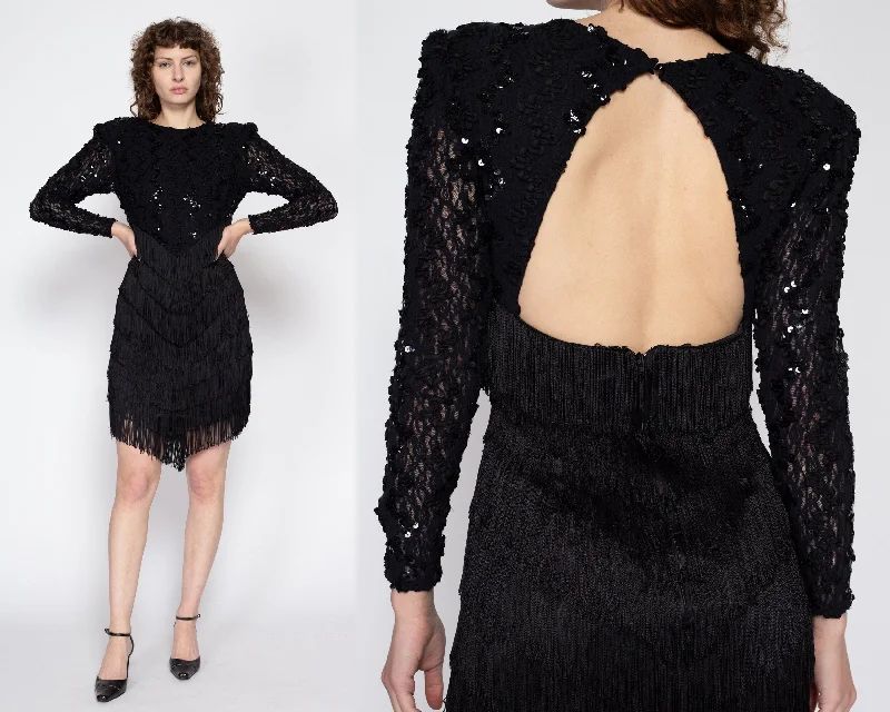 Sm-Med 80s Black Sequin Fringe Backless Party Dress Tunics Corduroy durable