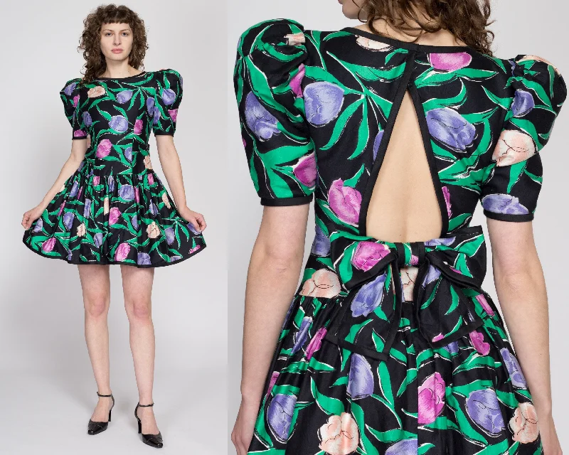 Small 80s Victor Costa Black Floral Party Dress Tunics Cozy soft