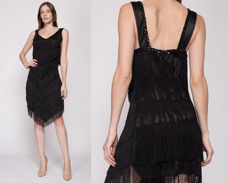 Small 90s Black Fringe Flapper Party Dress Peplum Ruffle Cocktail