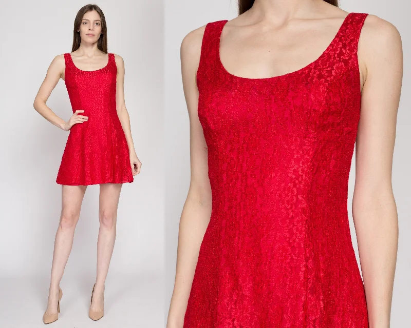 Small 90s Red Lace Mini Party Dress Tunics Satin smooth