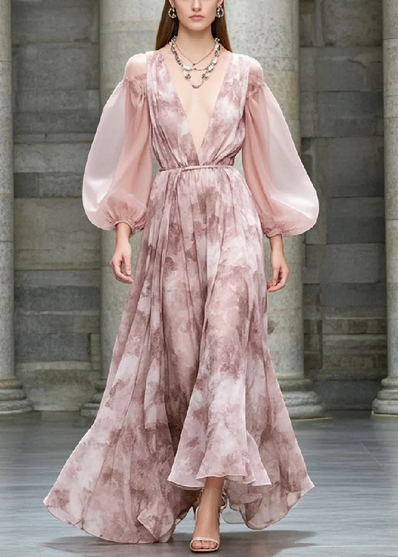Style Pink Cold Shoulder Print Chiffon Party Dresses Fall Tunics Trousers formal