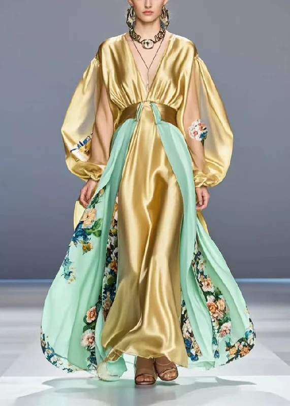 Stylish Golden Print Patchwork Silk Party Dress Lantern Sleeve Tunics Spring floral