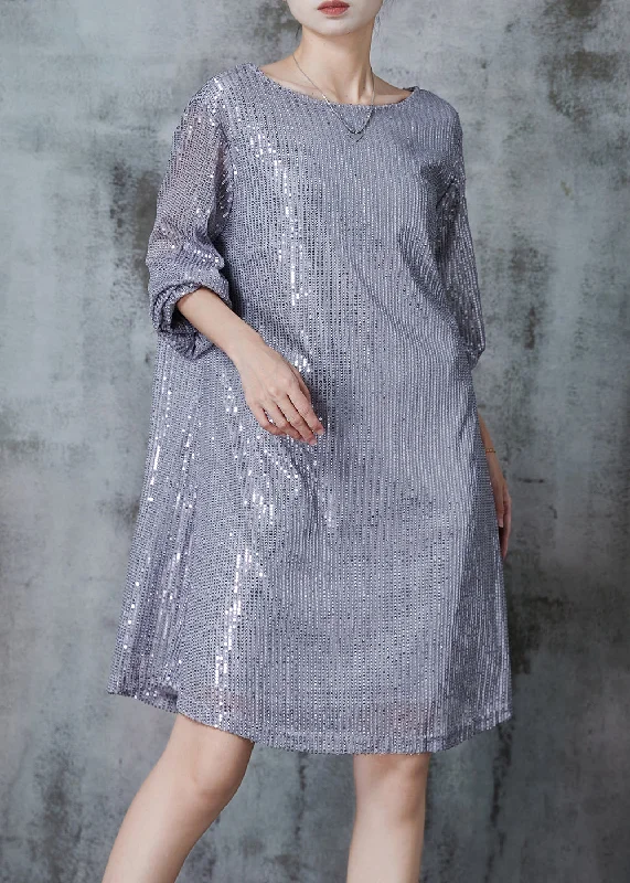 Stylish Grey Tie Waist Sequins Tulle Party Dresses Fall Tunics Satin smooth