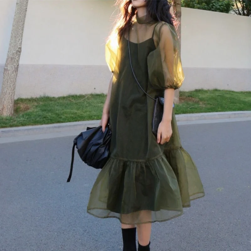 StoreXQ - Vintage High Street Midi Dress Women Loose Puff Sleeve Fairy Korean Party Dress Female Streetwear Casual Y2k Dress Summer Tunics Summer linen StoreXQ - Vintage High Street Midi Dress Women Loose Puff Sleeve Fairy Korean Party Dress Female Streetwear Casual Y2k Dress Summer Tunics Summer linen
