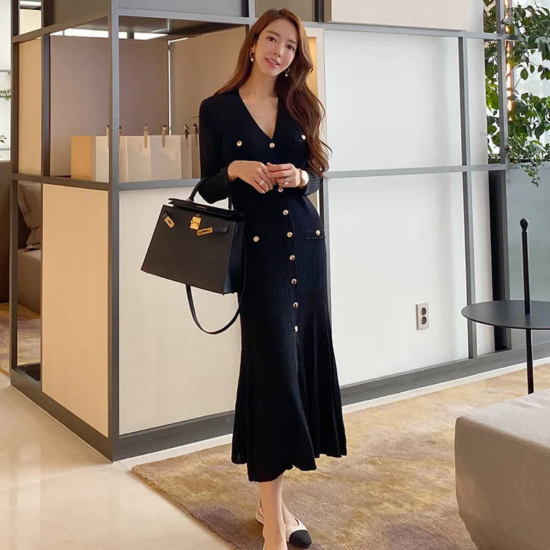 Vintage Korean Maxi Party Dress: Elegant Long Sleeve V-Neck Mermaid Style for Women Tunics Handmade artisanal Vintage Korean Maxi Party Dress: Elegant Long Sleeve V-Neck Mermaid Style for Women Tunics Handmade artisanal