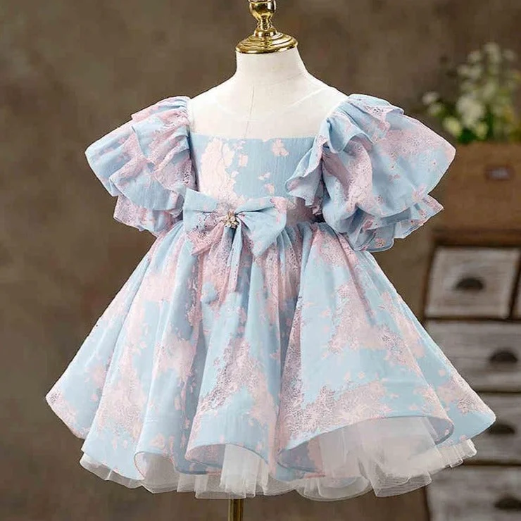 Baby Girl and Toddler Summer Puff Sleeve Bow Princess Party Dress High-Low Hemline Casual Baby Girl and Toddler Summer Puff Sleeve Bow Princess Party Dress High-Low Hemline Casual