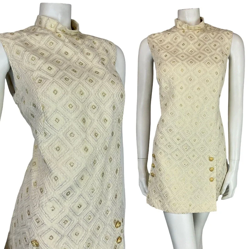 VTG 60S MOD GOLD CREAM FUNNEL NECK DIAMOND GEOMETRIC TUNIC PARTY DRESS M 12 14 Bodycon Fitted Nightout VTG 60S MOD GOLD CREAM FUNNEL NECK DIAMOND GEOMETRIC TUNIC PARTY DRESS M 12 14 Bodycon Fitted Nightout