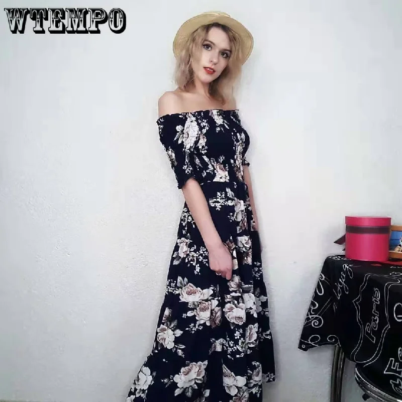 Woman Sexy One-shoulder Dress Long Retro Floral Elastic High-waist Dress Off-shoulder Party Dress Tunics Short Trendy Woman Sexy One-shoulder Dress Long Retro Floral Elastic High-waist Dress Off-shoulder Party Dress Tunics Short Trendy