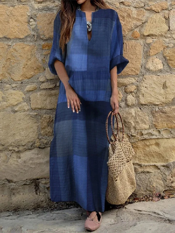 StoreXQ Women Casual Plaid Print Loose A-Line Dress Elegant V-Neck Half Sleeve Long Dress Spring Robes Ethnic Vintage Pocket Party Dress Tunics Luxurious premium StoreXQ Women Casual Plaid Print Loose A-Line Dress Elegant V-Neck Half Sleeve Long Dress Spring Robes Ethnic Vintage Pocket Party Dress Tunics Luxurious premium