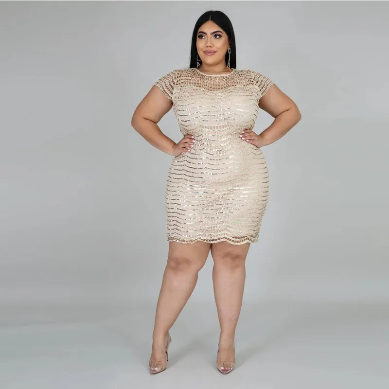 Women Fashion Sexy Plus Size Sequin Round Neck Short Sleeve Party Dress Tunics Short Trendy Women Fashion Sexy Plus Size Sequin Round Neck Short Sleeve Party Dress Tunics Short Trendy