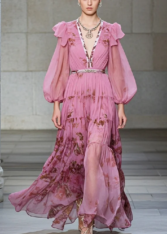 Women Pink V Neck Print Exra Large Hem Chiffon Party Dresses Fall Satin Halter Glamorous Women Pink V Neck Print Exra Large Hem Chiffon Party Dresses Fall Satin Halter Glamorous