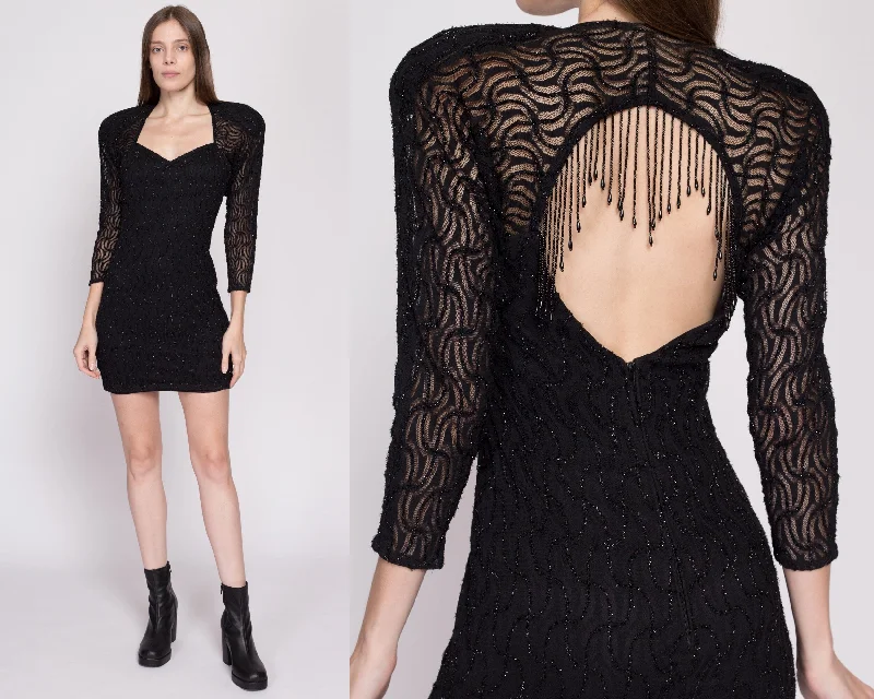 XS 80s Black Lace Fringe Keyhole Party Dress Tunics Fleece cozy