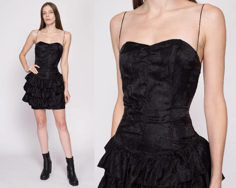 XS 80s Black Satin Ruffled Party Dress Tunics Plaid country