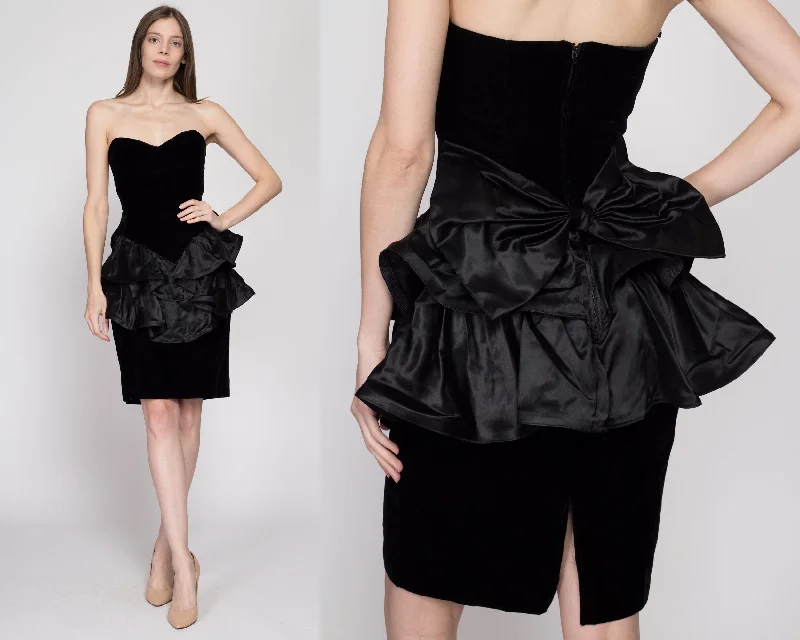 XS 80s Black Velvet & Satin Peplum Party Dress Tunics Review highly