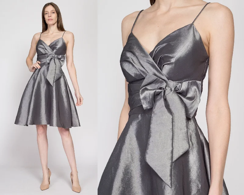 XS-Sm 90s Y2K Silver Taffeta Fit & Flare Party Dress Tunics Solid Classic